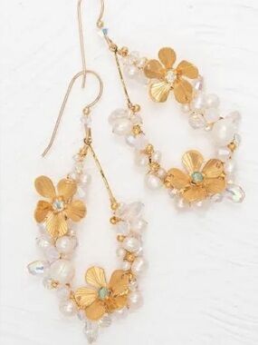 Holly Yashi Raphaela Gold Floral Pearl Drop Earrings with Crystal Centers